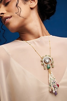 Gold Finish Multi-Colored Pearl & Kundan Polki Long Necklace