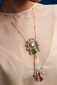 Gold Finish Multi-Colored Pearl & Kundan Polki Long Necklace