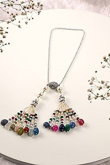 Gold Finish Multi-Colored Pearl Long Necklace