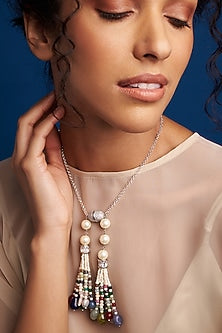 Gold Finish Multi-Colored Pearl Long Necklace