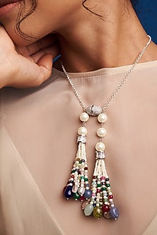 Gold Finish Multi-Colored Pearl Long Necklace