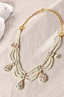 Gold Finish Kundan Polki & Pearl Long Necklace