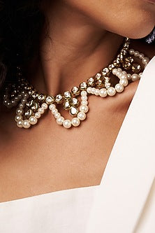 Gold Finish Kundan Polki & Pearl Long Necklace