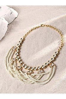 Gold Finish Kundan Polki & Pearl Long Necklace