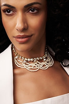 Gold Finish Kundan Polki & Pearl Long Necklace