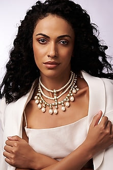 Gold Finish Kundan Polki & Pearl Layered Necklace