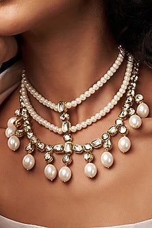 Gold Finish Kundan Polki & Pearl Layered Necklace