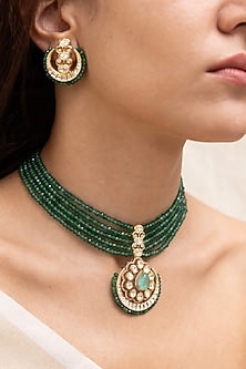 Gold Finish Kundan Polki & Pearl Choker Necklace Set