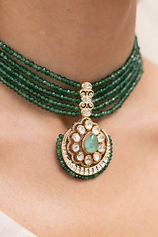 Gold Finish Kundan Polki & Pearl Choker Necklace Set