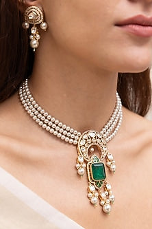 Gold Finish Green Stone & Pearl Layered Necklace Set