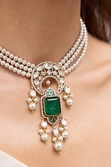 Gold Finish Green Stone & Pearl Layered Necklace Set