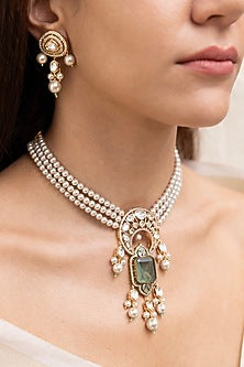 Gold Finish Kundan Polki & Pearl Layered Necklace Set
