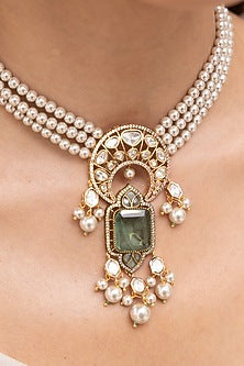 Gold Finish Kundan Polki & Pearl Layered Necklace Set