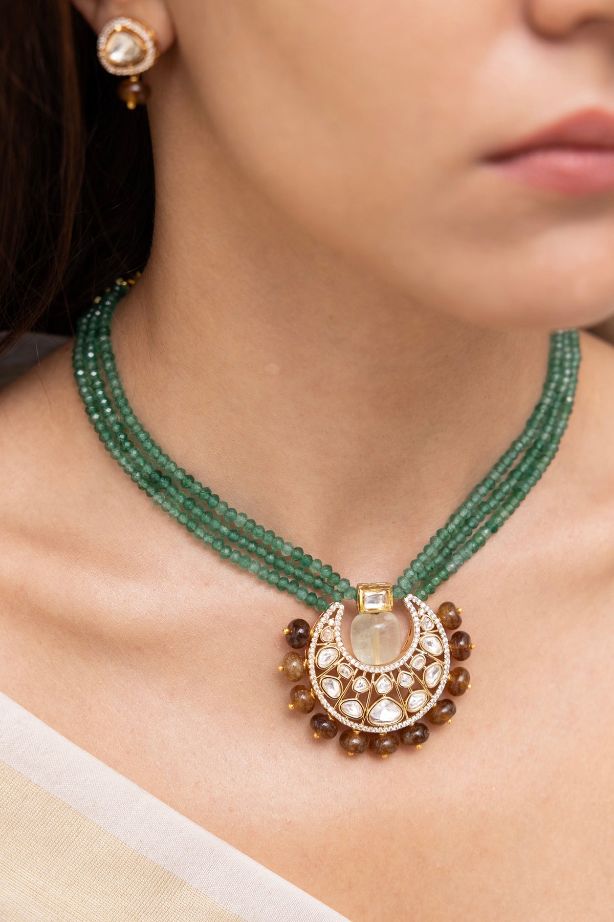 Gold Finish Kundan Polki & Beaded Choker Necklace Set