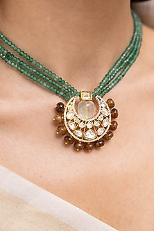 Gold Finish Kundan Polki & Beaded Choker Necklace Set