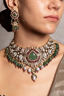 Gold Finish Kundan Polki & Green Stone Choker Necklace Set