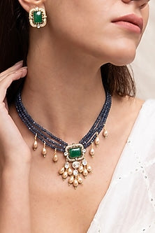 Gold Finish Deep Blue Beaded & Kundan Polki Choker Necklace Set