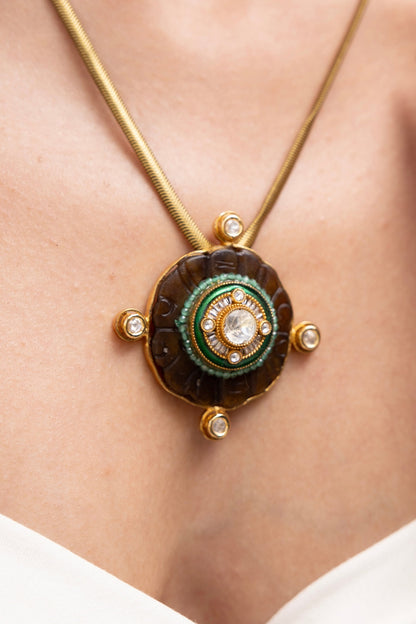 Antique Gold Finish Floral Motif Enameled Pendant Necklace