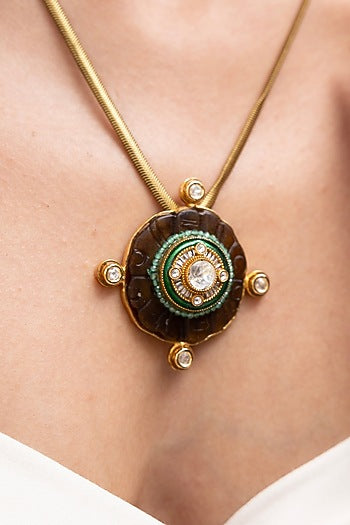 Antique Gold Finish Floral Motif Enameled Pendant Necklace