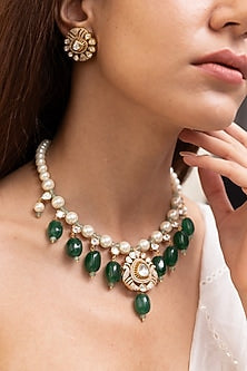 Gold Finish Green Gemstone & Kundan Polki Choker Necklace Set