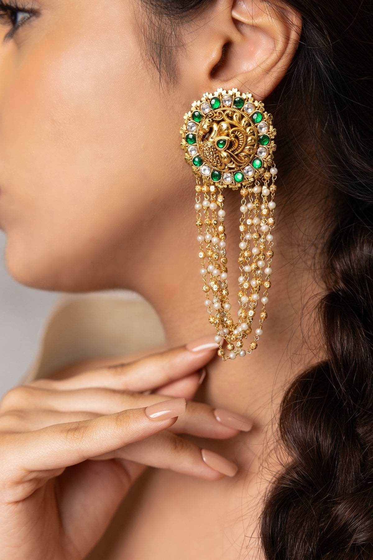 Gold Finish Green Gemstone & Pearl Dangler Earrings