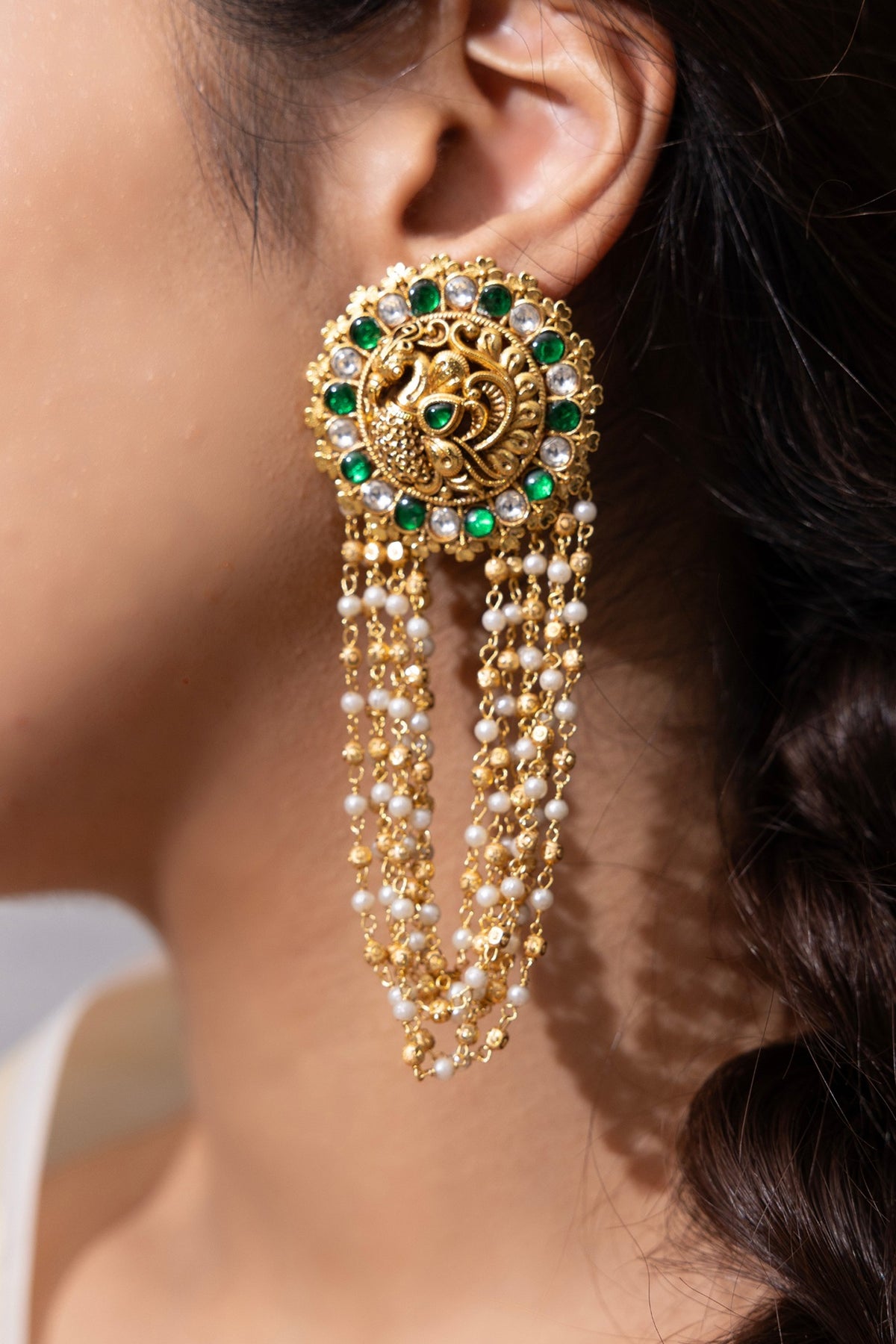 Gold Finish Green Gemstone & Pearl Dangler Earrings