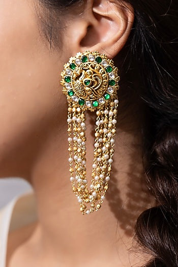 Gold Finish Green Gemstone & Pearl Dangler Earrings