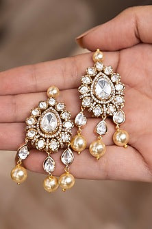 Gold Finish Kundan Polki & Pearl Drop Dangler Earrings