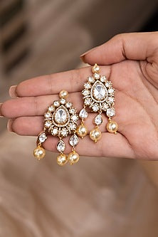 Gold Finish Kundan Polki & Pearl Drop Dangler Earrings