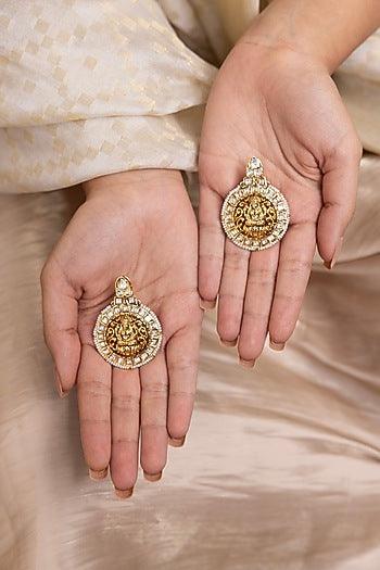Gold Finish Floral & Goddess Motif Temple Dangler Earrings