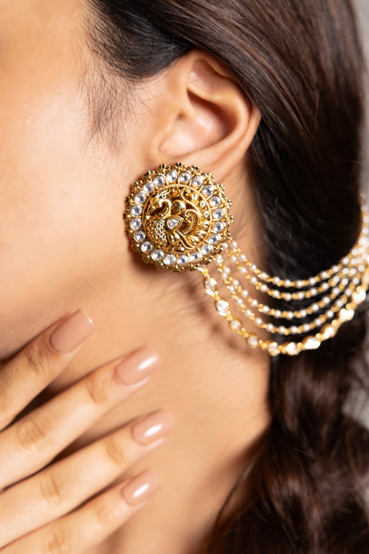 Gold Finish Beaded & Peacock Motif Dangler Earrings