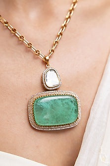 Gold Finish Green Gemstone & Beaded Pendant Necklace Set