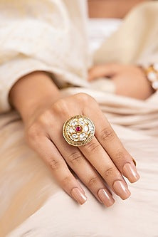 Gold Finish Kundan Polki & Pearl Ring