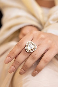 Gold Finish Kundan Polki & Beaded Ring