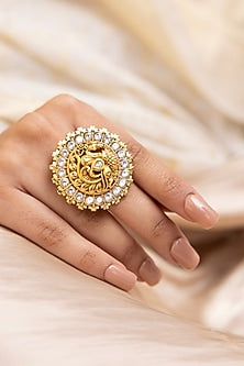 Gold Finish Pearl & Stone Ring