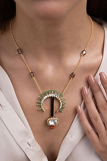 Gold Finish Pink Beaded Pendant Necklace