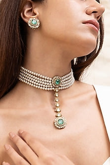 Gold Finish Kundan Polki & Green Gemstone Choker Necklace Set