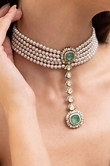 Gold Finish Kundan Polki & Green Gemstone Choker Necklace Set