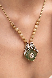 Gold Finish Beaded & Bird Engraved Pendant Necklace