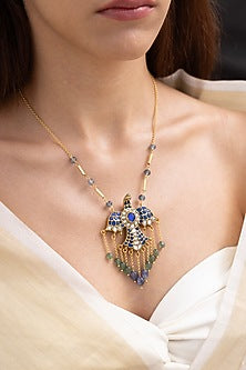 Gold Finish Blue Sapphire Stone Bird Pendant Necklace