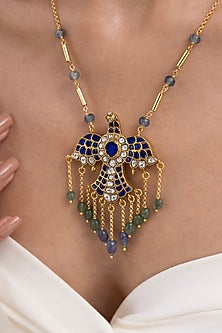 Gold Finish Blue Sapphire Stone Bird Pendant Necklace