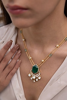 Gold Finish Kundan Polki & Emerald Green Stone Linked Necklace