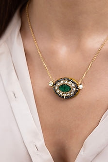 Gold Finish Green Gemstone & Crystal Necklace