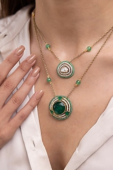 Gold Finish Emerald Green Stone & Mirror Pendant Necklace