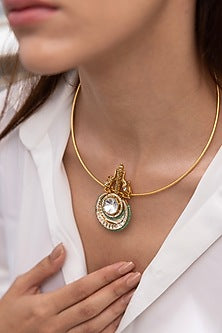 Gold Finish Elephant Motif & Beaded Pendant Necklace