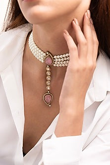 Gold Finish Beaded & Gemstone Choker Necklace