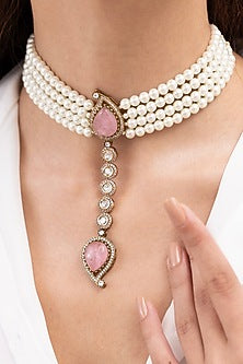 Gold Finish Beaded & Gemstone Choker Necklace