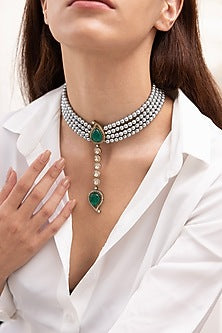 Gold Finish Green Beaded Choker Necklace