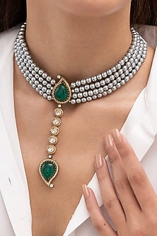 Gold Finish Green Beaded Choker Necklace