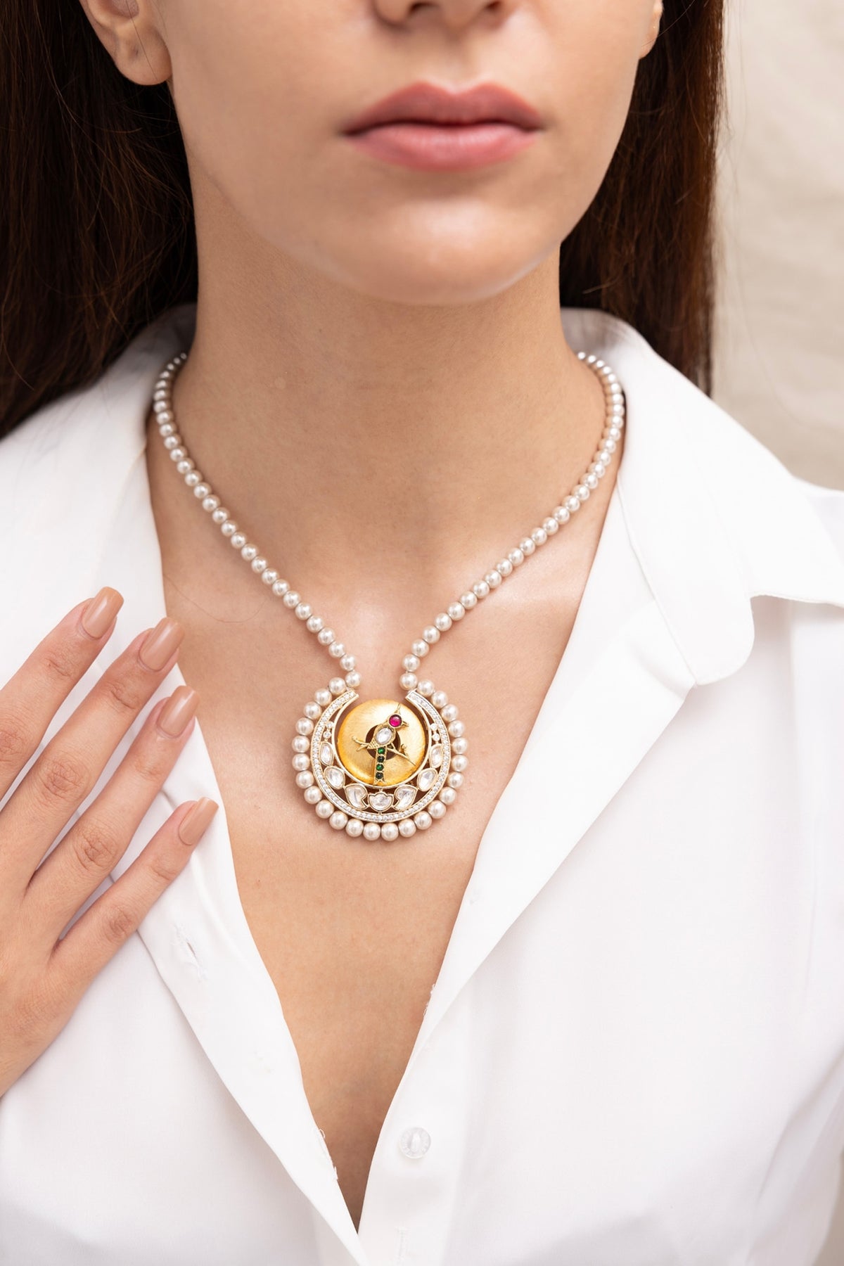 Gold Finish Kundan Polki & Crystal Necklace